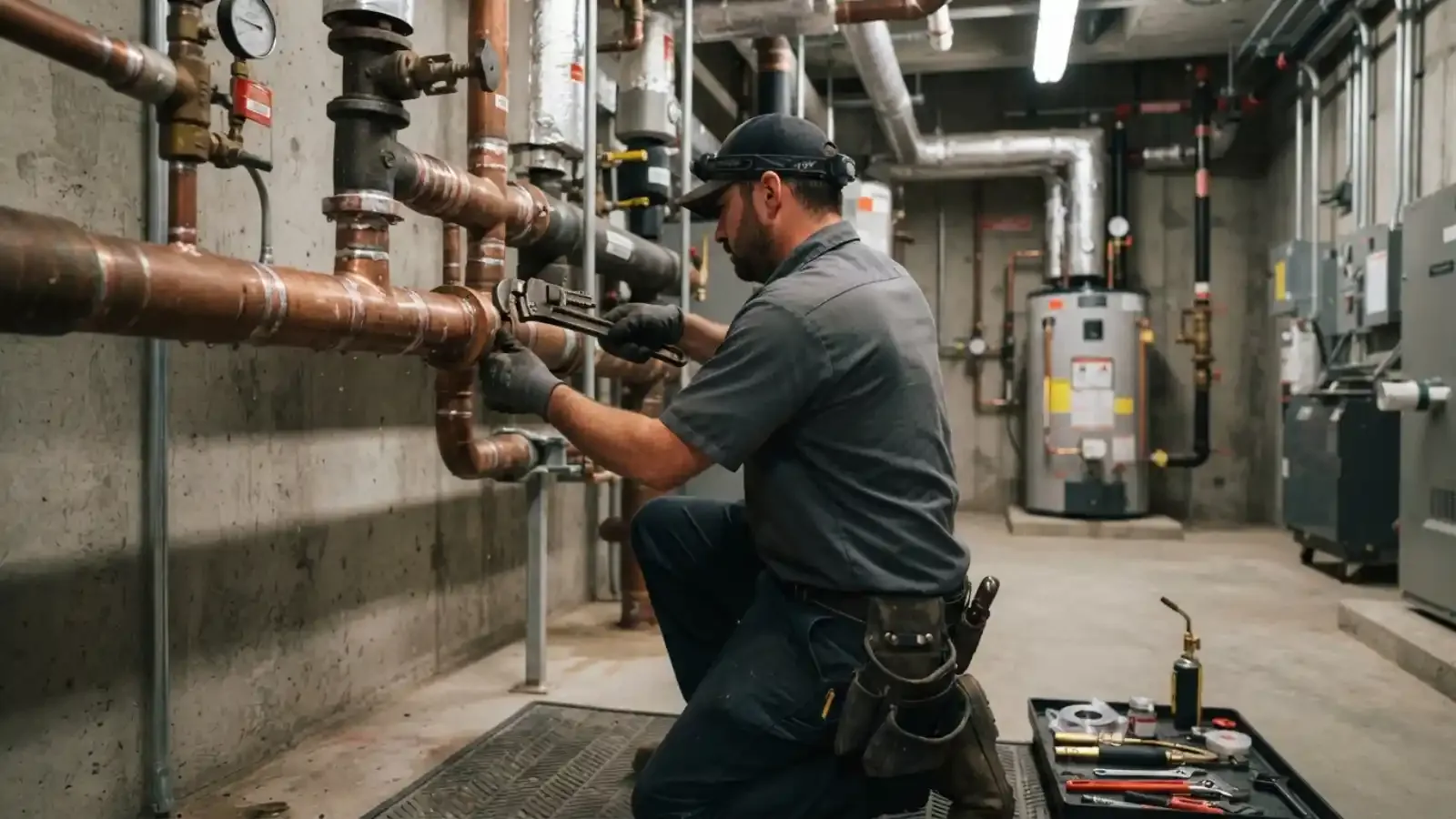 Plumber working on copper piping in a commercial mechanical room