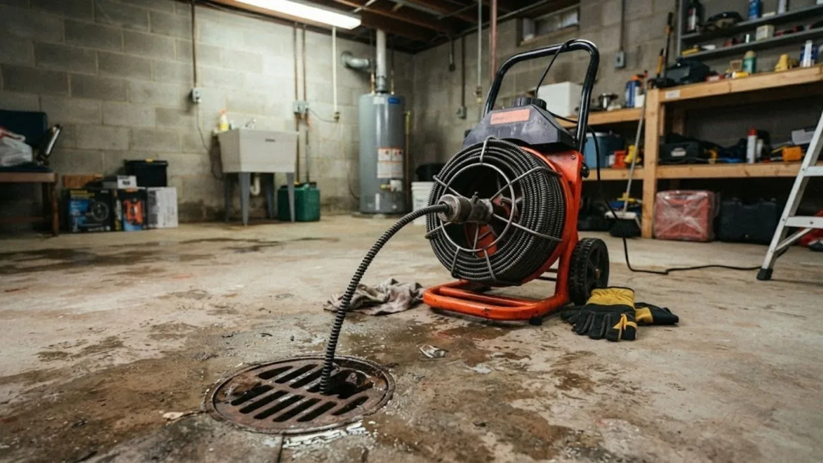 Drain machine cable feeding into a floor drain in a garage