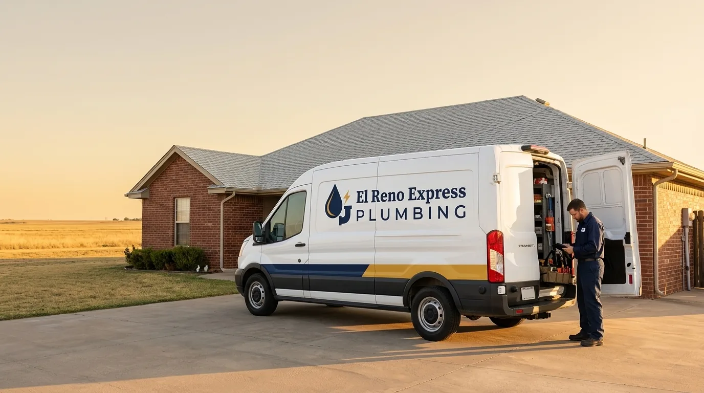 El Reno Express Plumbing van parked at a brick home at sunset while a plumber checks his tablet