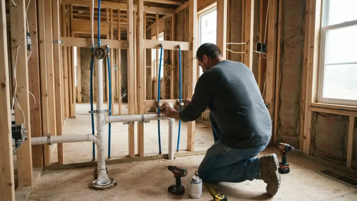 Plumber working on drain piping in a framed room during rough-in