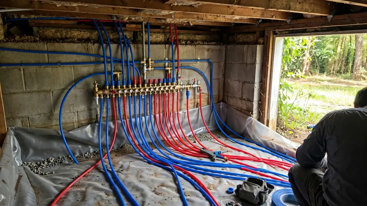 PEX manifold with red and blue lines run through an open basement ceiling