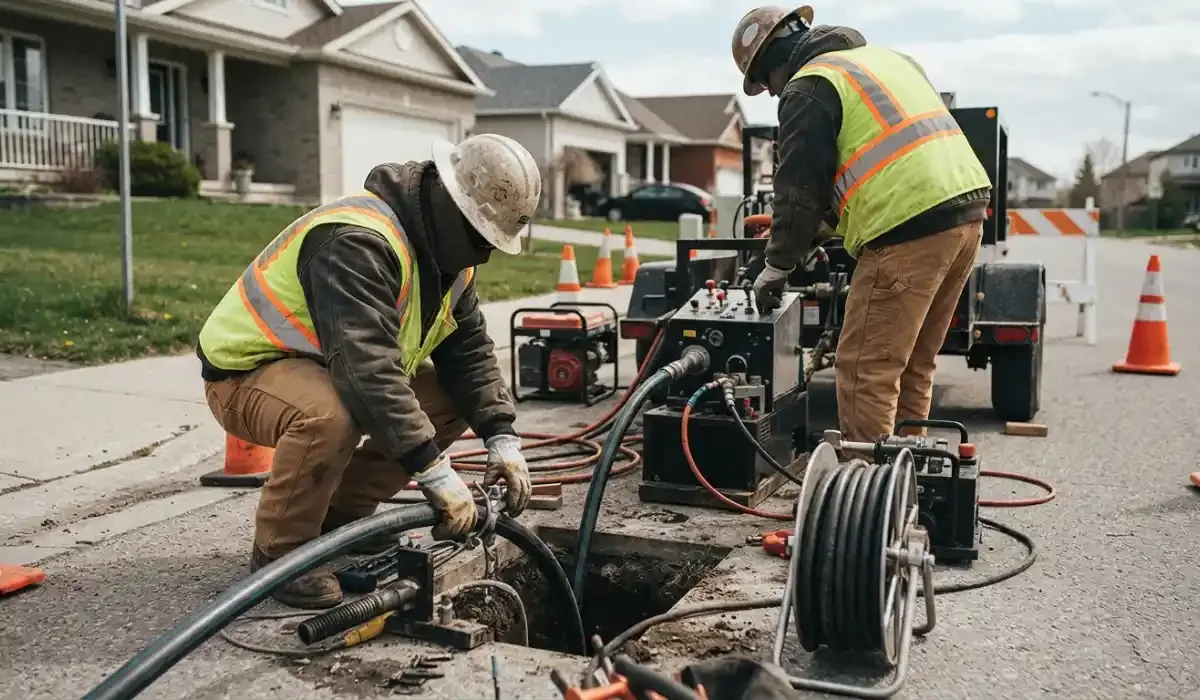 Two crew members running a drain cable machine at a sewer cleanout on a residential street