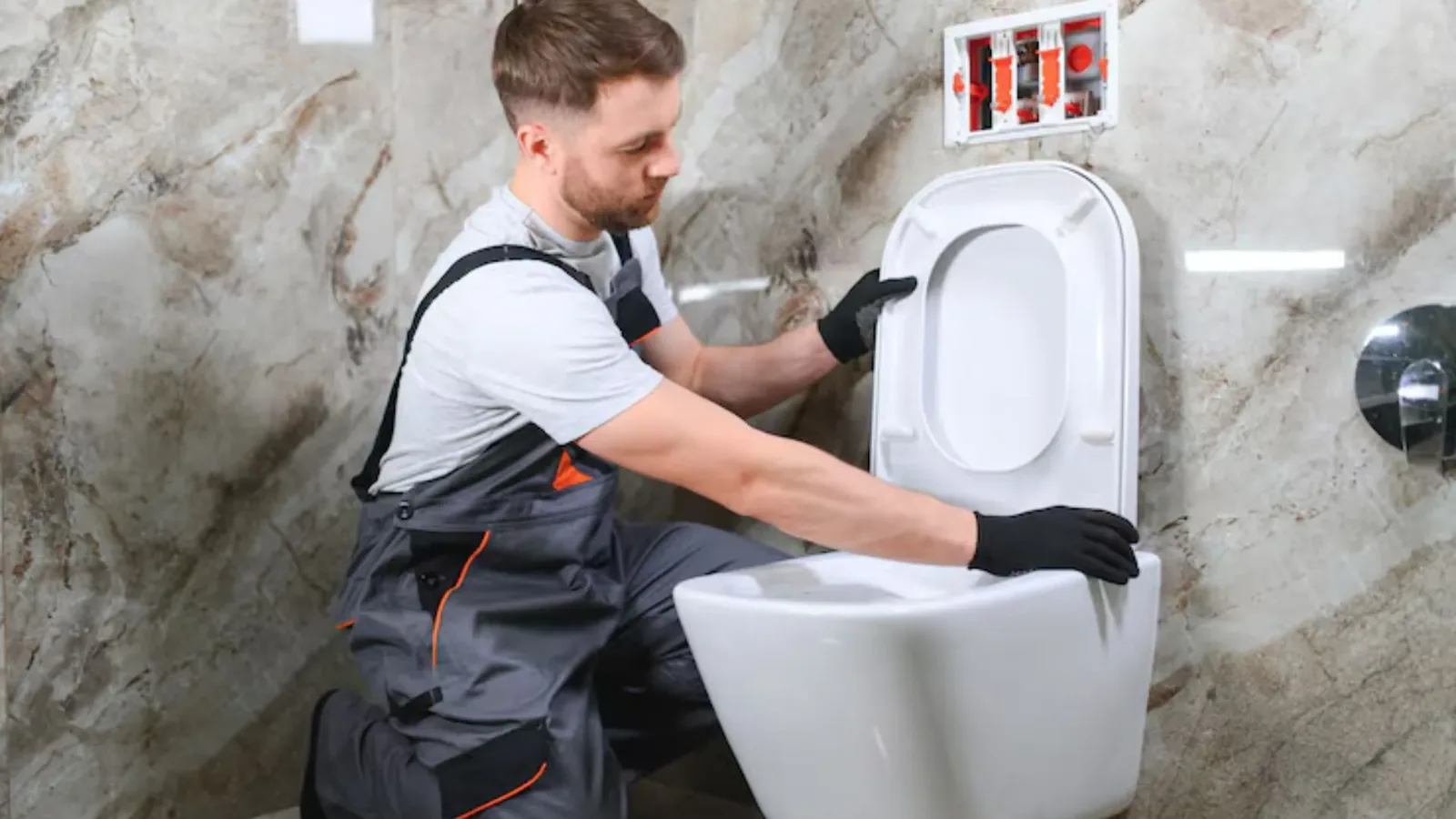 Plumber in coveralls setting a toilet in a bathroom