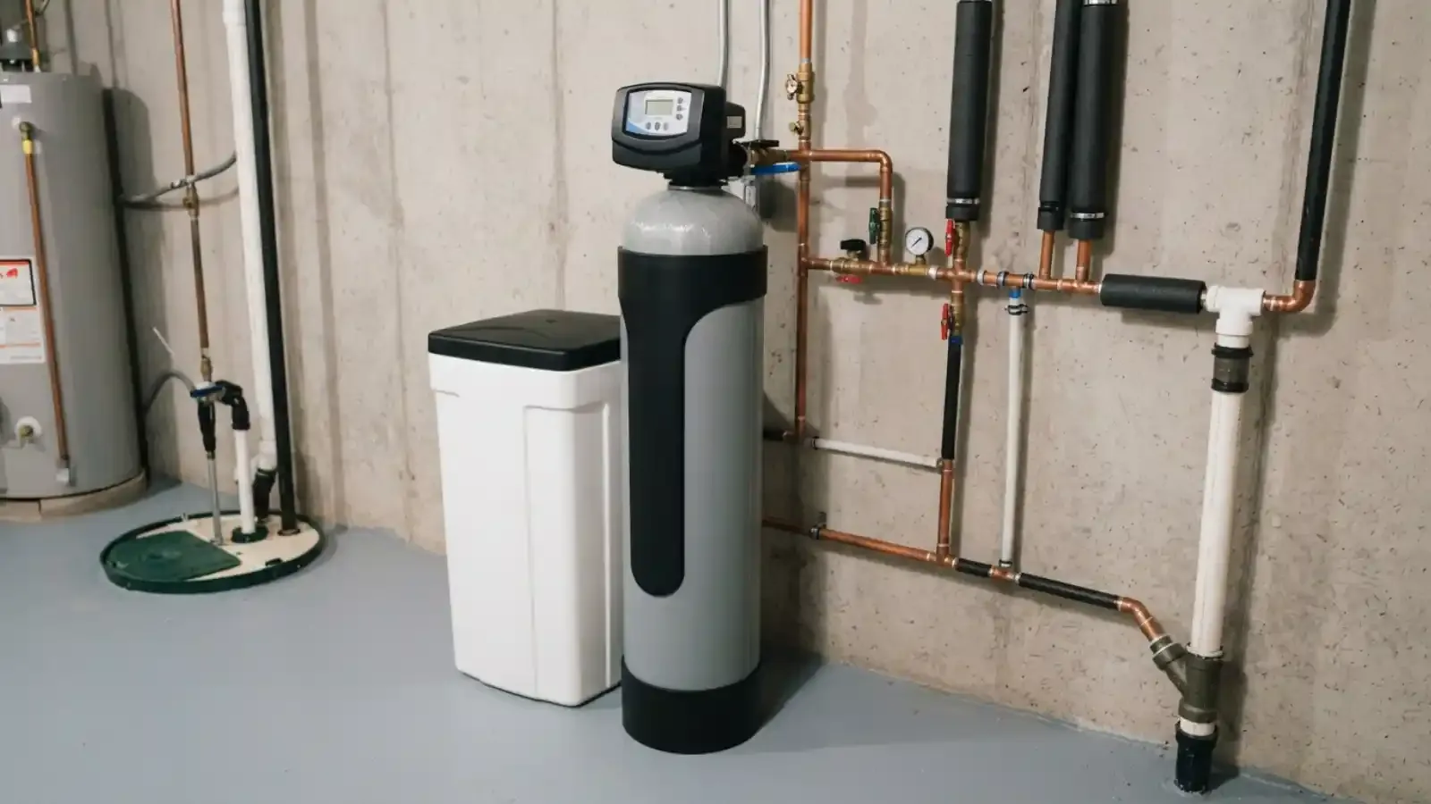 Water softener tank and brine tank beside a water heater in a basement