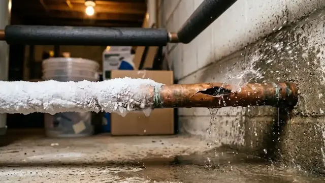 Frost-covered pipe bursting and leaking in a basement