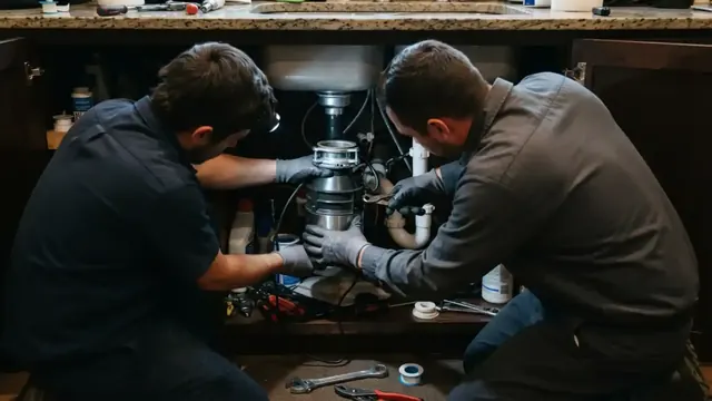 Two plumbers working on a garbage disposal under a kitchen sink