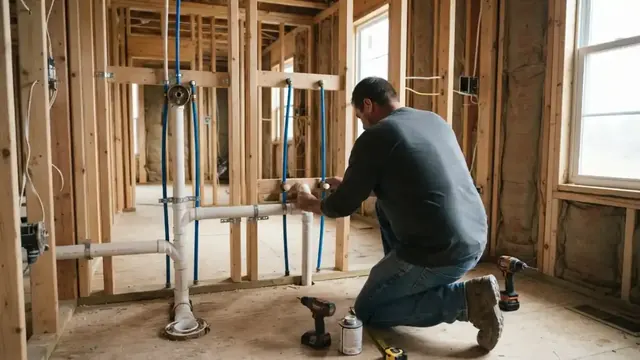 Plumber working on drain piping in a framed room during rough-in