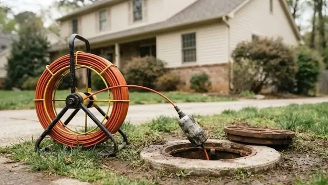 Sewer camera reel and cable at a yard cleanout in front of a house