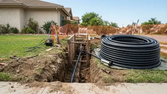 Open trench beside a house with a coil of new pipe for a sewer line repair