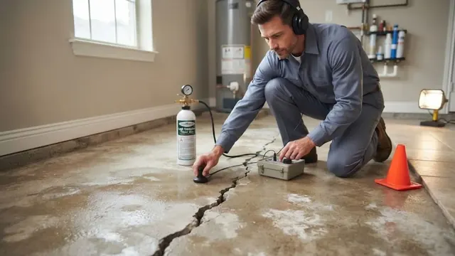 Technician kneeling on a concrete slab floor with leak listening equipment
