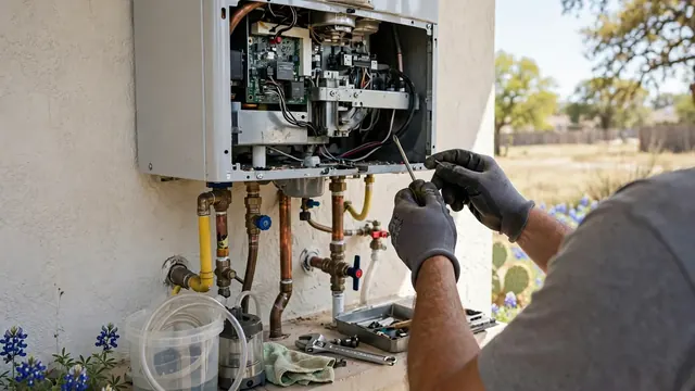 Technician servicing the open panel of a tankless water heater