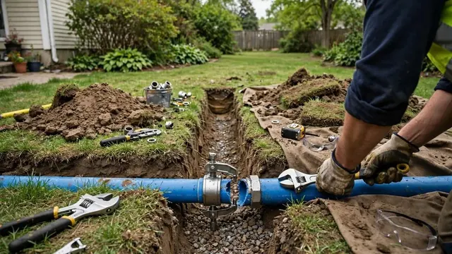 Worker connecting a blue water service line in a yard trench